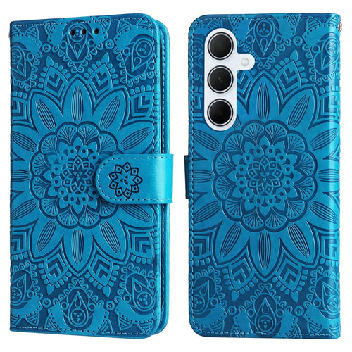 For Samsung Galaxy M35 5G Wallet Case PU Leather Sunflower Phone Cover Stand View - Blue - 1