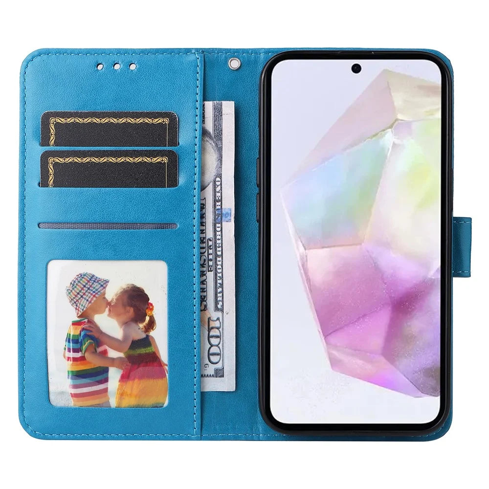 For Samsung Galaxy M35 5G Wallet Case PU Leather Sunflower Phone Cover Stand View - Blue - 2