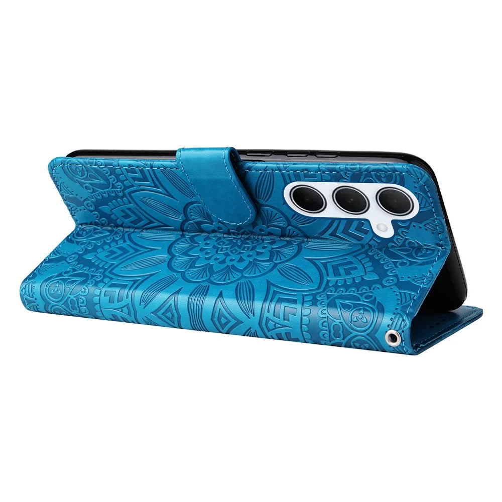 For Samsung Galaxy M35 5G Wallet Case PU Leather Sunflower Phone Cover Stand View - Blue - 4