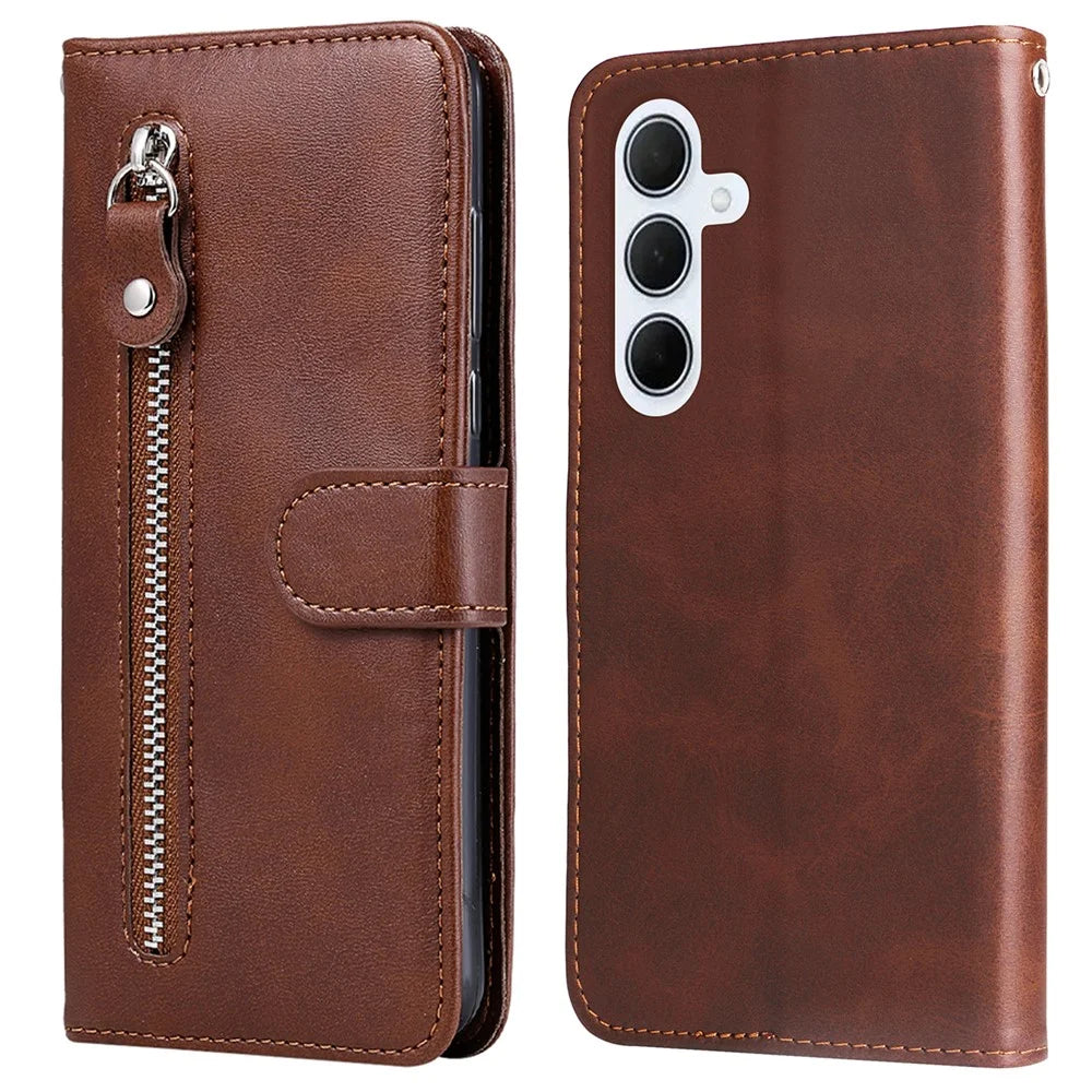 For Samsung Galaxy M35 5G Case Zipper Wallet PU Leather Stand Phone Cover - Brown - 1