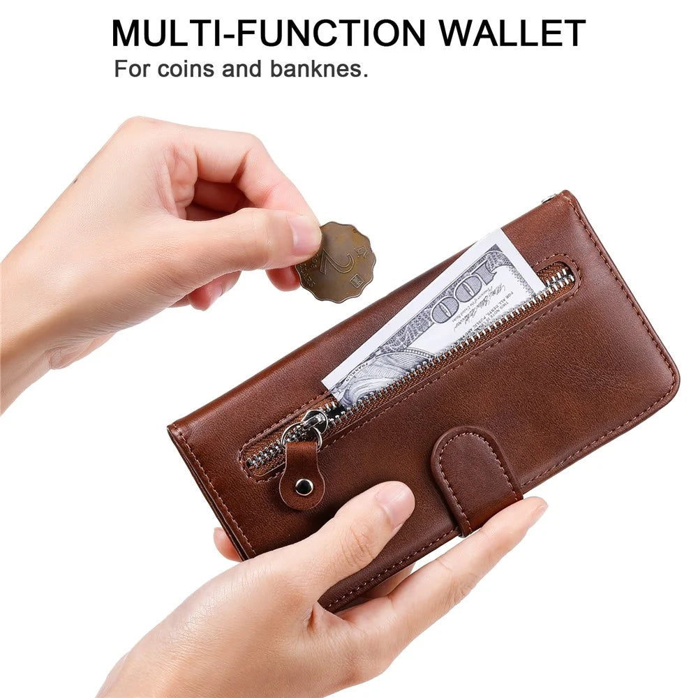 For Samsung Galaxy M35 5G Case Zipper Wallet PU Leather Stand Phone Cover - Brown - 6