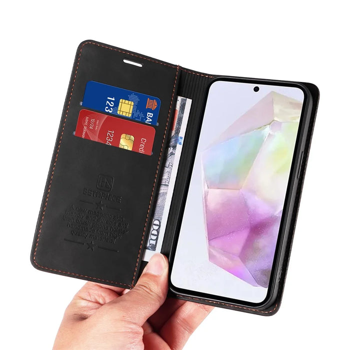 BETOPNICE 003 For Samsung Galaxy M35 5G Leather Case RFID Blocking Wallet Phone Cover - Black - 5