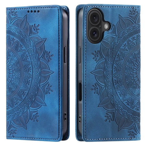 Style-010 For iPhone 16 Plus Case Imprinted Leather Phone Cover Magnetic Auto Closing - Blue - 1