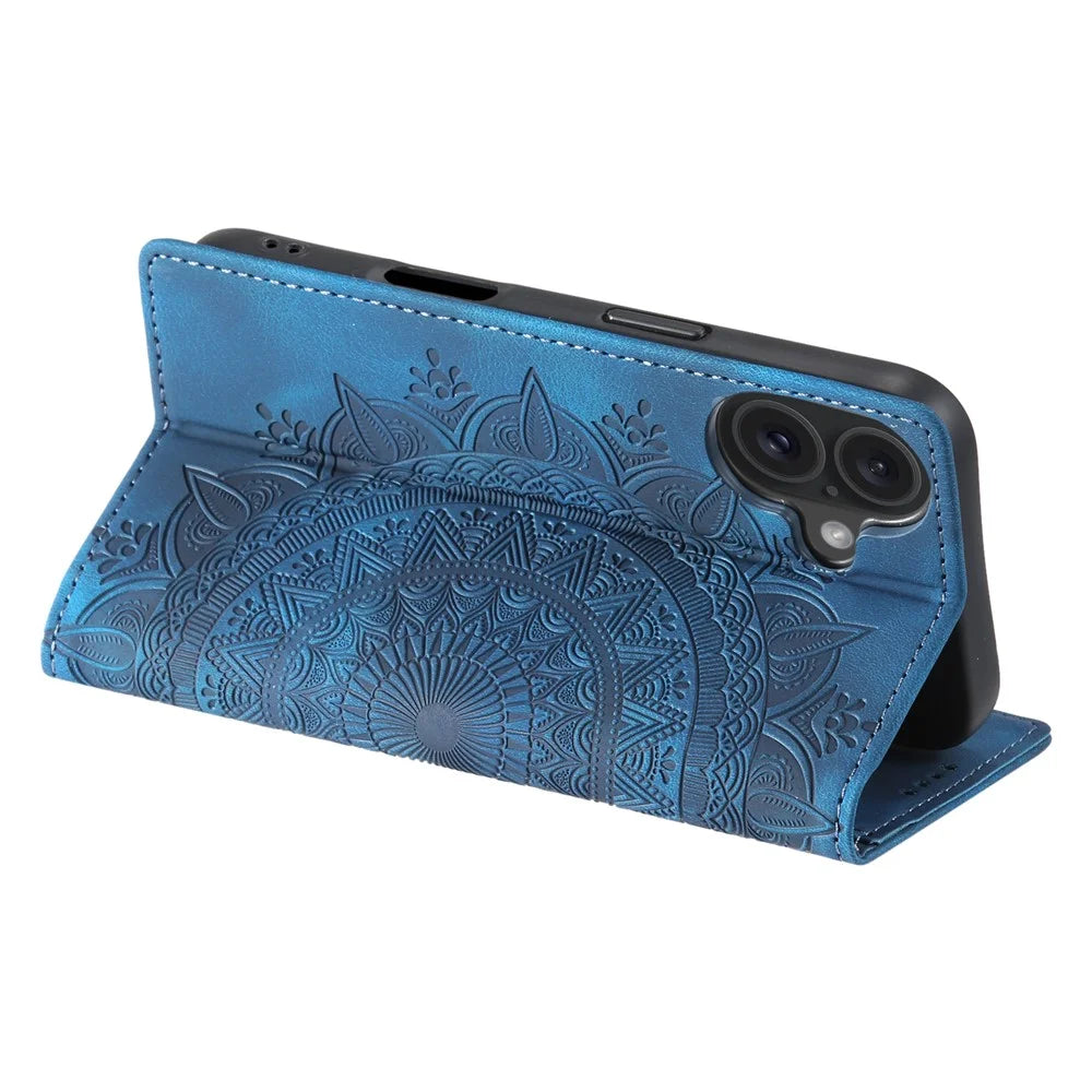 Style-010 For iPhone 16 Plus Case Imprinted Leather Phone Cover Magnetic Auto Closing - Blue - 4