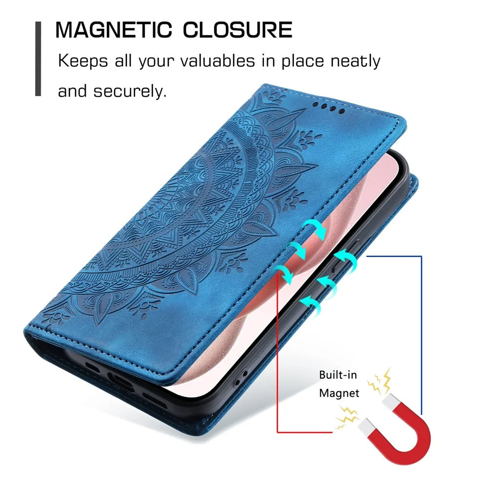Style-010 For iPhone 16 Plus Case Imprinted Leather Phone Cover Magnetic Auto Closing - Blue - 6
