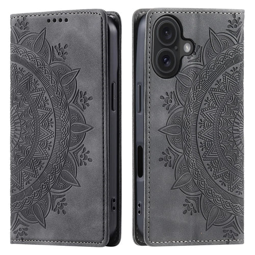 Style-010 For iPhone 16 Case Magnetic Closing Leather Phone Cover Pattern Imprinted - Grey - 1