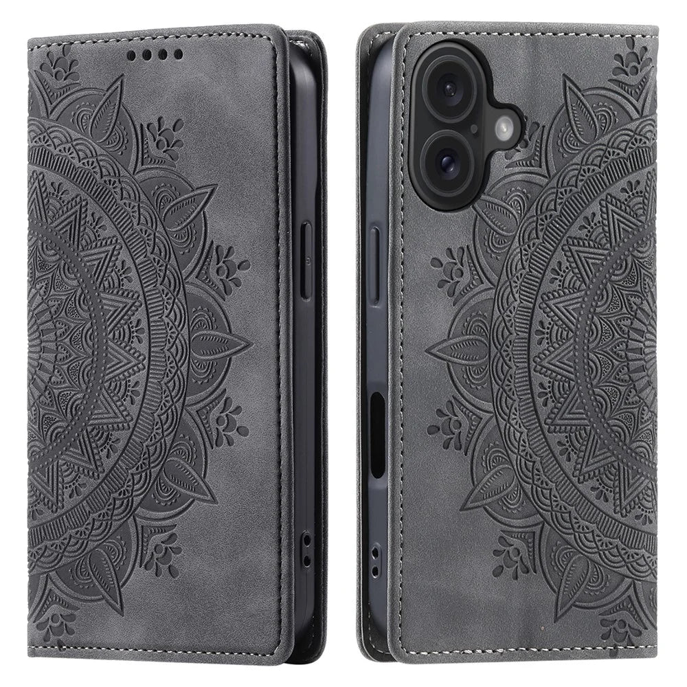 Style-010 For iPhone 16 Case Magnetic Closing Leather Phone Cover Pattern Imprinted - Grey - 1
