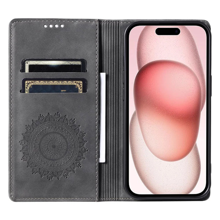 Style-010 For iPhone 16 Case Magnetic Closing Leather Phone Cover Pattern Imprinted - Grey - 2