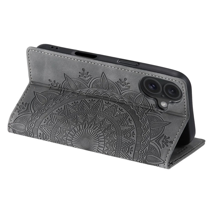 Style-010 For iPhone 16 Case Magnetic Closing Leather Phone Cover Pattern Imprinted - Grey - 4