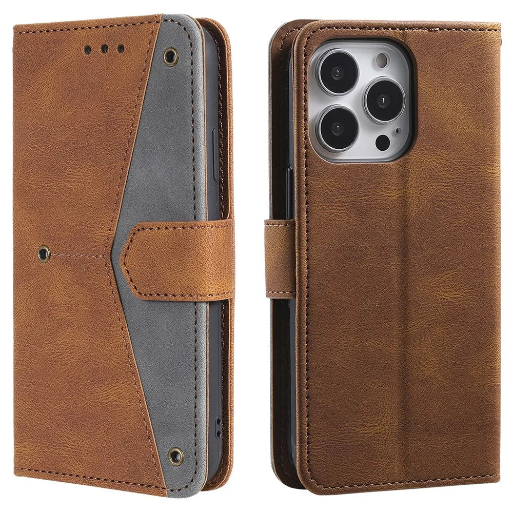 For iPhone 16 Pro Max Case Splicing Stitching Leather Flip Protective Cover - Brown - 1