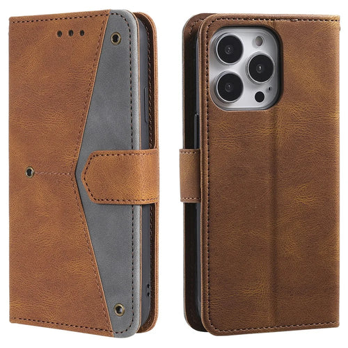 For iPhone 16 Pro Max Case Splicing Stitching Leather Flip Protective Cover - Brown - 1