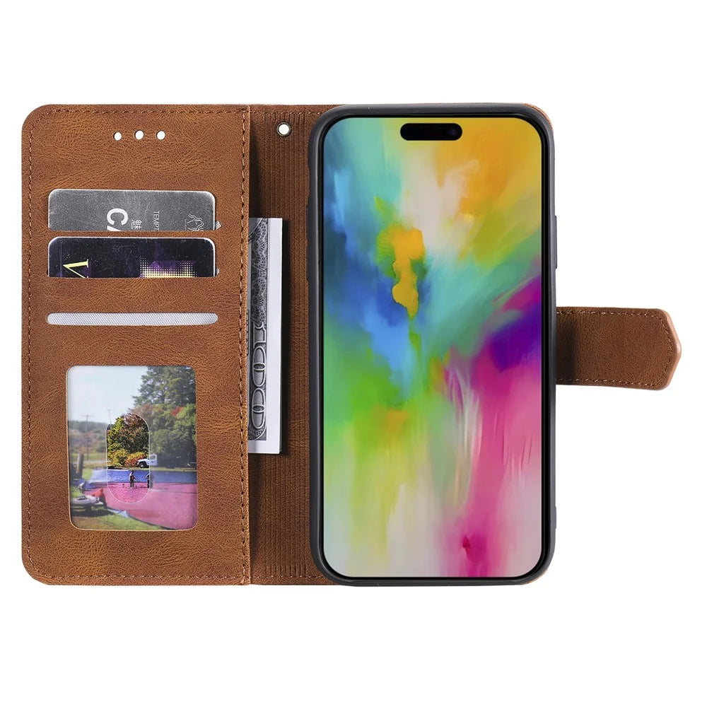 For iPhone 16 Pro Max Case Splicing Stitching Leather Flip Protective Cover - Brown - 2