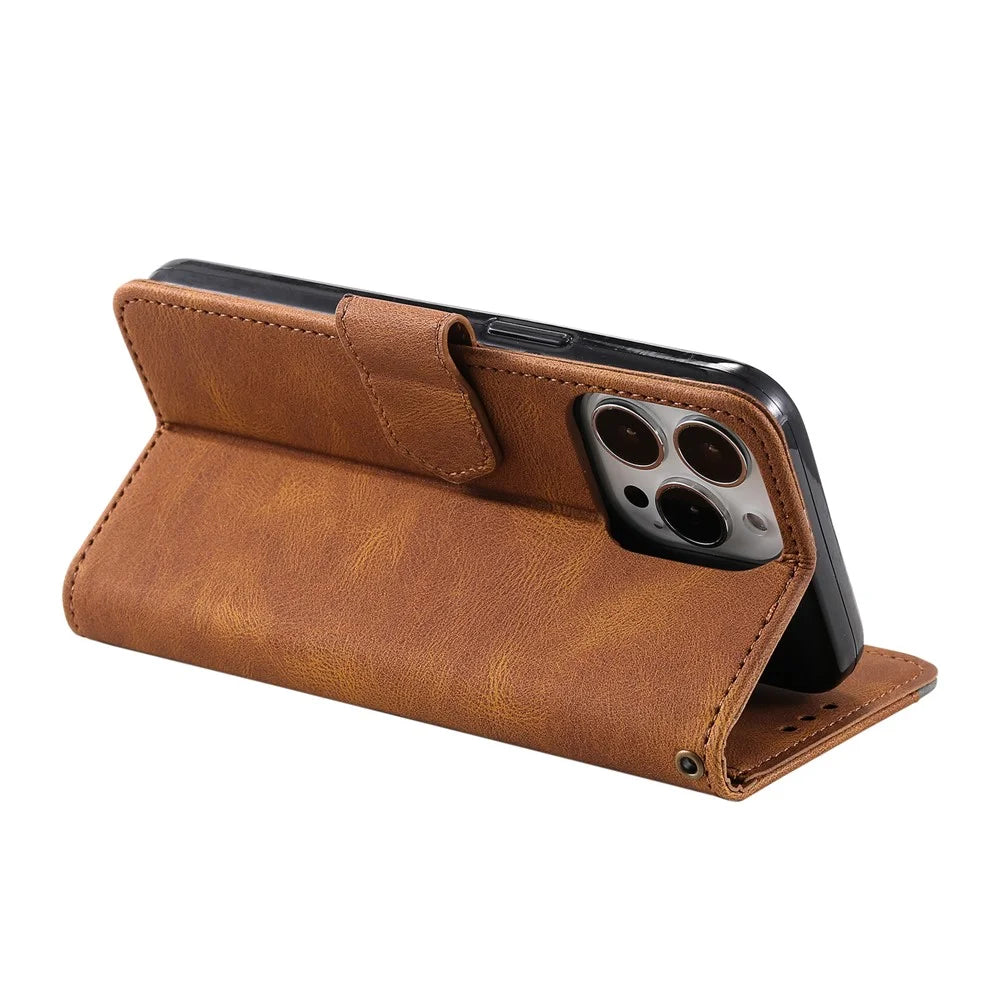 For iPhone 16 Pro Max Case Splicing Stitching Leather Flip Protective Cover - Brown - 3