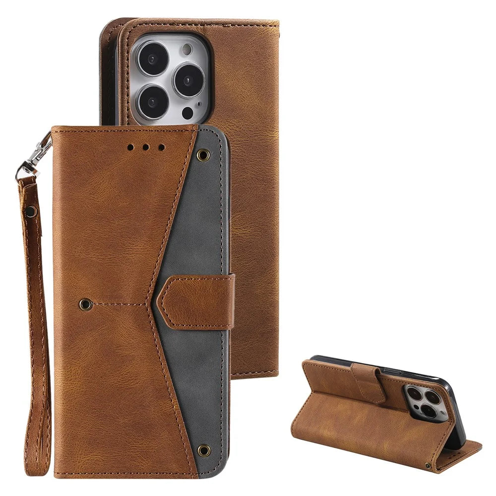 For iPhone 16 Pro Max Case Splicing Stitching Leather Flip Protective Cover - Brown - 4
