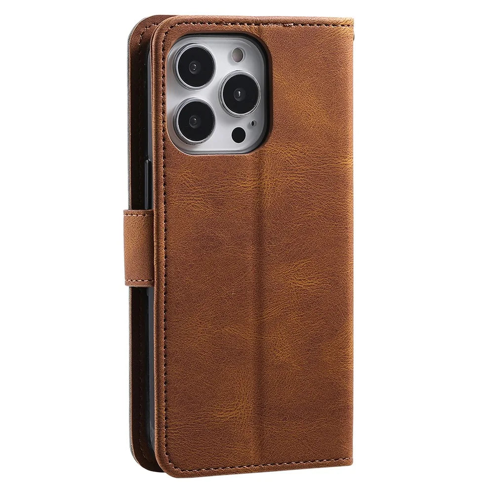For iPhone 16 Pro Max Case Splicing Stitching Leather Flip Protective Cover - Brown - 6