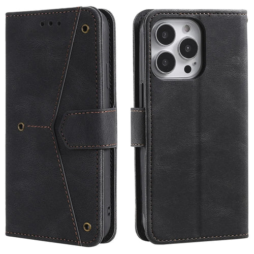 For iPhone 16 Pro Case Leather Flip Phone Cover Splicing Stitching - Black - 1