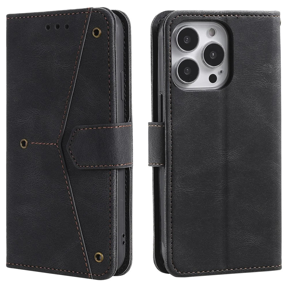 For iPhone 16 Pro Case Leather Flip Phone Cover Splicing Stitching - Black - 1