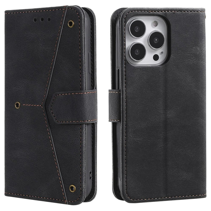 For iPhone 16 Pro Case Leather Flip Phone Cover Splicing Stitching - Black - 1