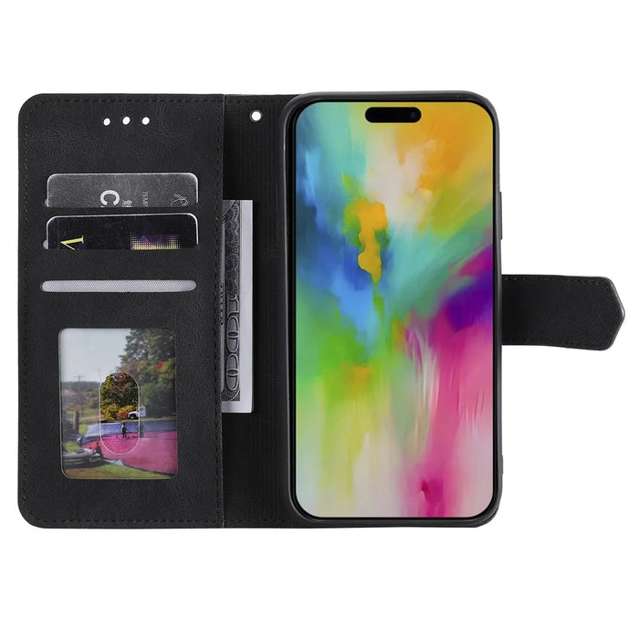 For iPhone 16 Pro Case Leather Flip Phone Cover Splicing Stitching - Black - 2