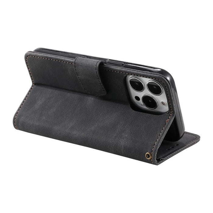 For iPhone 16 Pro Case Leather Flip Phone Cover Splicing Stitching - Black - 3