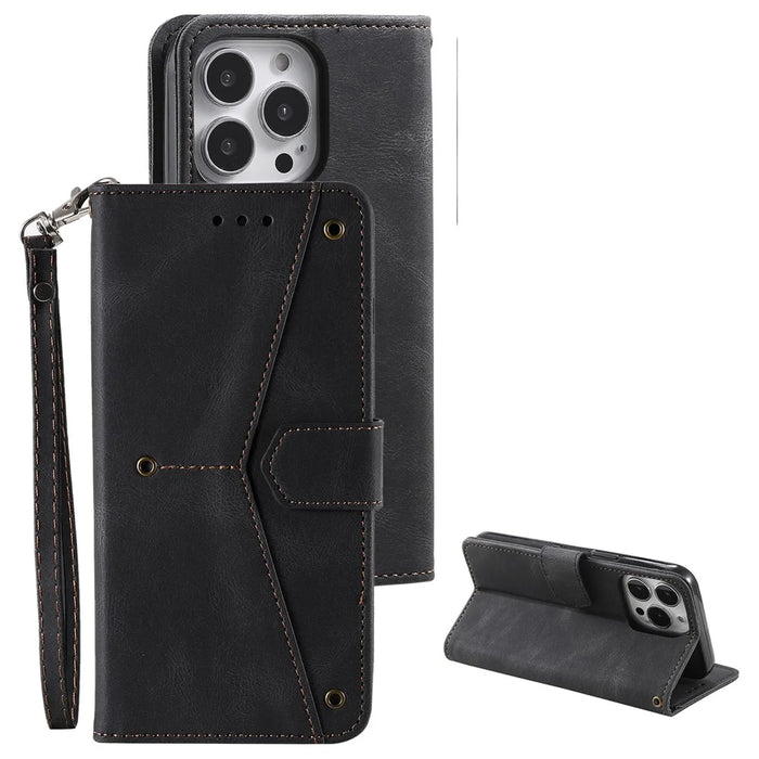 For iPhone 16 Pro Case Leather Flip Phone Cover Splicing Stitching - Black - 4