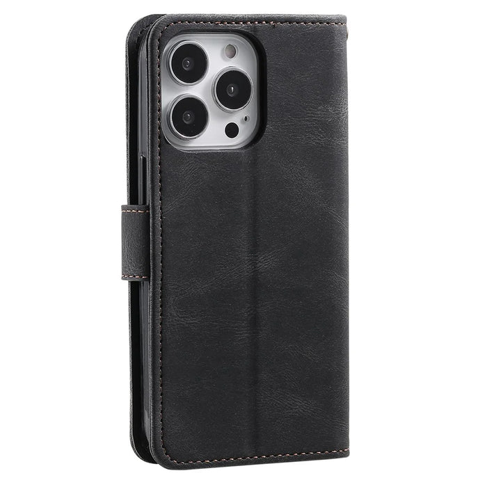 For iPhone 16 Pro Case Leather Flip Phone Cover Splicing Stitching - Black - 6