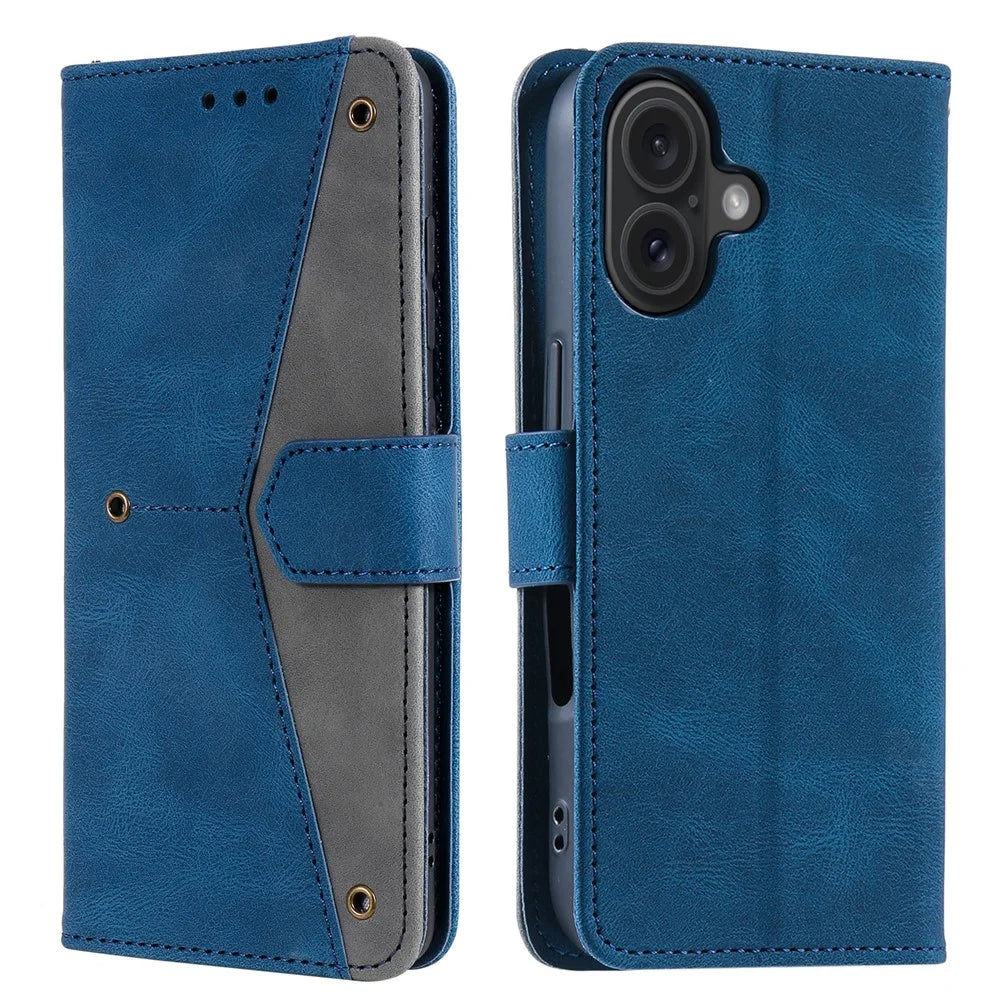 For iPhone 16 Protective Case Splicing Stitching Leather Flip Phone Cover - Blue - 1
