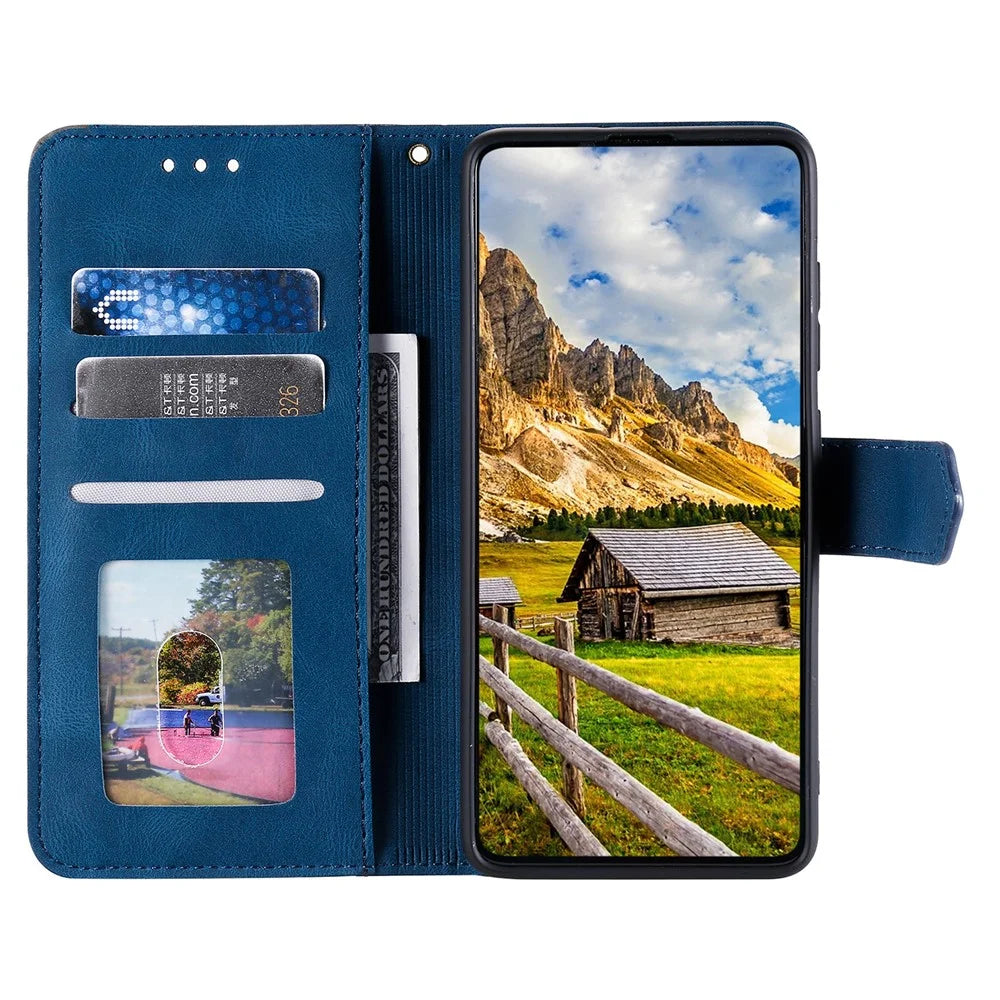 For iPhone 16 Protective Case Splicing Stitching Leather Flip Phone Cover - Blue - 3