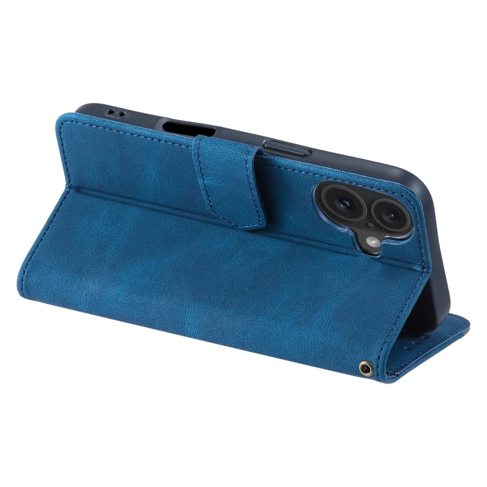 For iPhone 16 Protective Case Splicing Stitching Leather Flip Phone Cover - Blue - 4