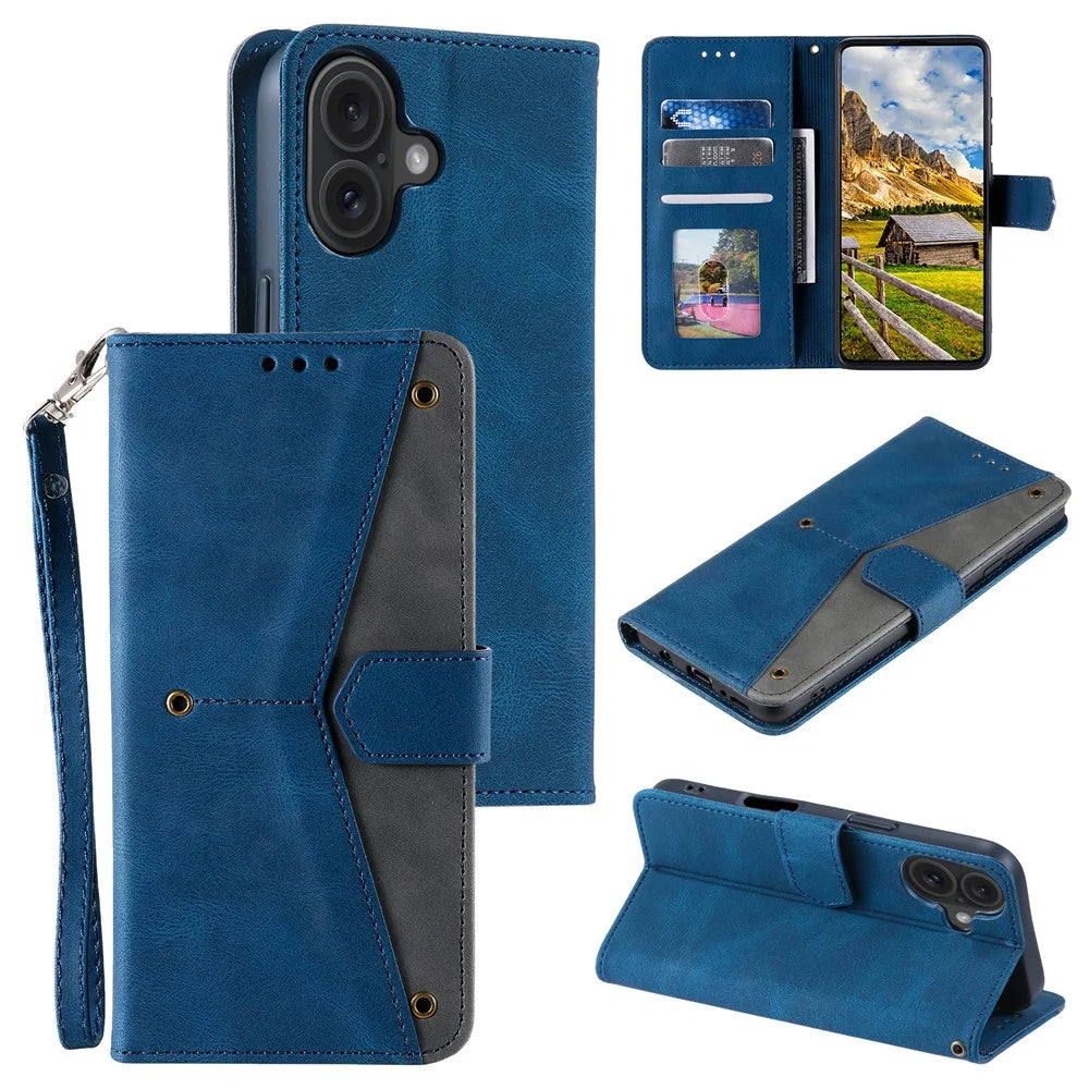 For iPhone 16 Protective Case Splicing Stitching Leather Flip Phone Cover - Blue - 5