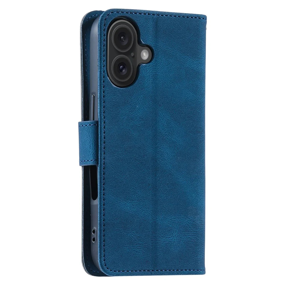 For iPhone 16 Protective Case Splicing Stitching Leather Flip Phone Cover - Blue - 7