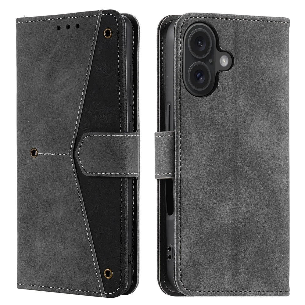 For iPhone 16 Plus Case Splicing Stitching Leather Wallet Phone Cover - Grey - 1