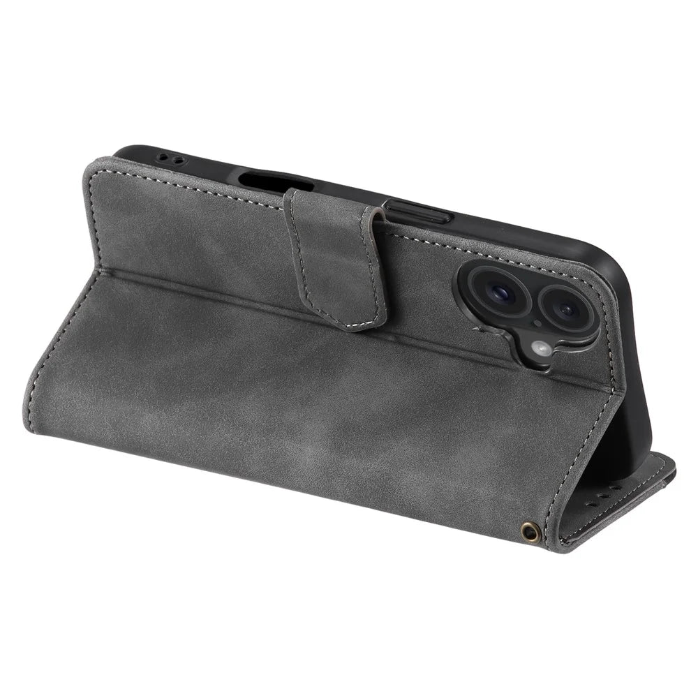 For iPhone 16 Plus Case Splicing Stitching Leather Wallet Phone Cover - Grey - 4