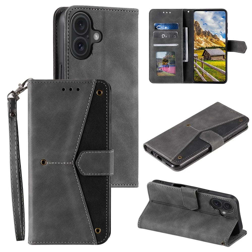 For iPhone 16 Plus Case Splicing Stitching Leather Wallet Phone Cover - Grey - 5