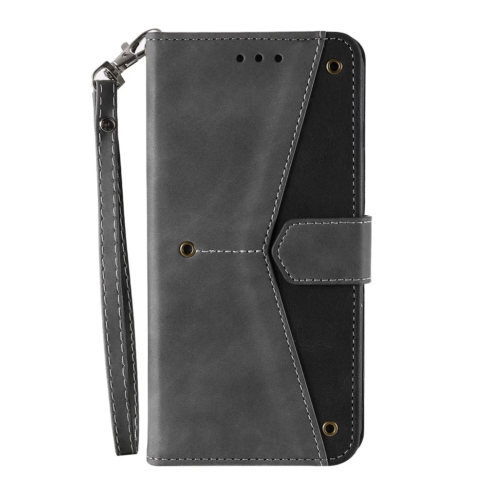 For iPhone 16 Plus Case Splicing Stitching Leather Wallet Phone Cover - Grey - 6