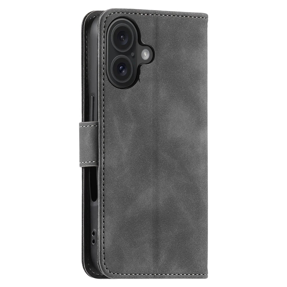 For iPhone 16 Plus Case Splicing Stitching Leather Wallet Phone Cover - Grey - 7