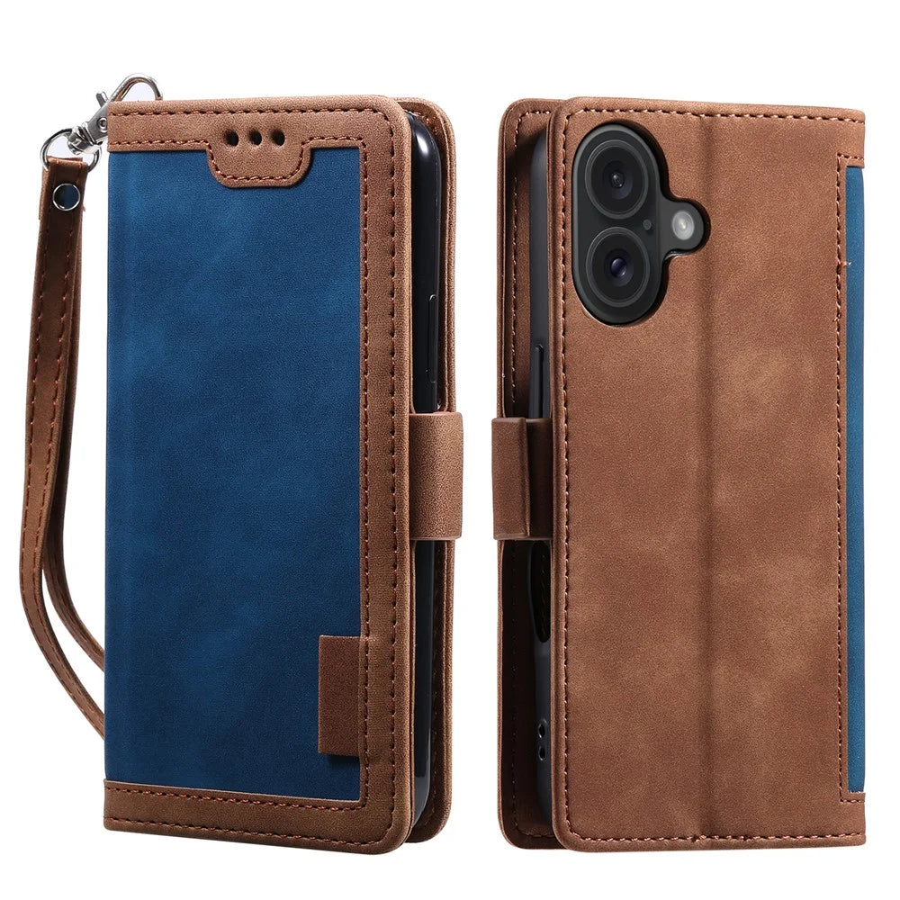 For iPhone 16 Case Vintage Splicing Shockproof Leather Phone Cover - Blue - 1
