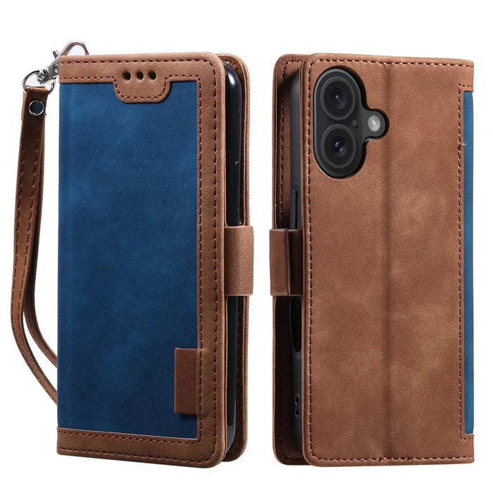 For iPhone 16 Case Vintage Splicing Shockproof Leather Phone Cover - Blue - 1