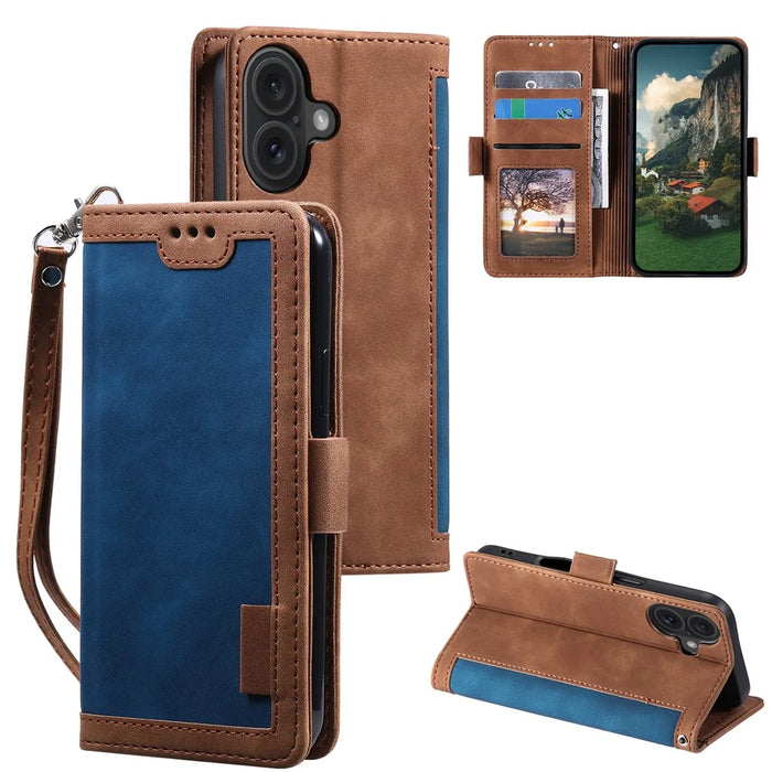 For iPhone 16 Case Vintage Splicing Shockproof Leather Phone Cover - Blue - 4