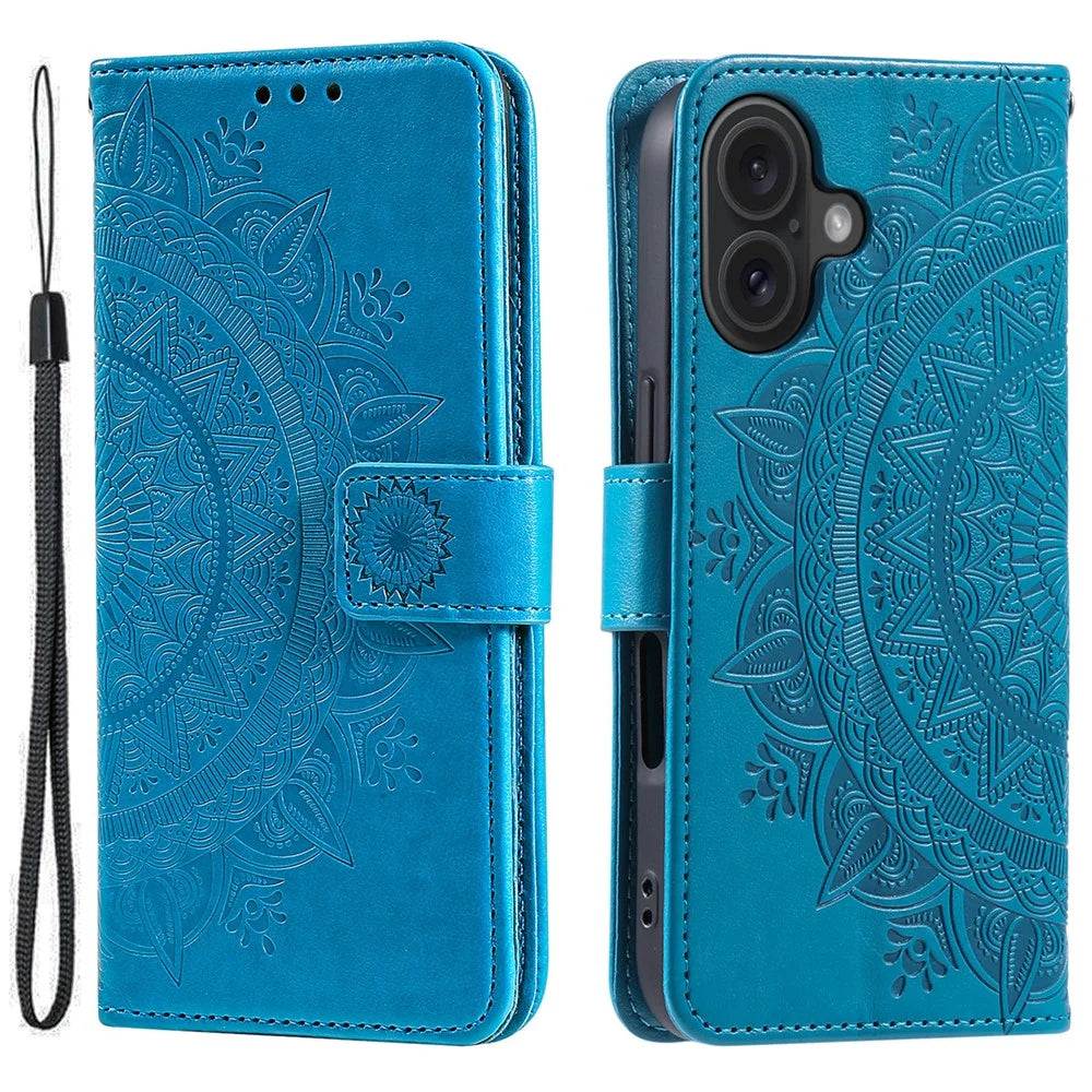 For iPhone 16 Plus Wallet Case Imprinted Totem PU Leather Stand Phone Cover - Blue - 1