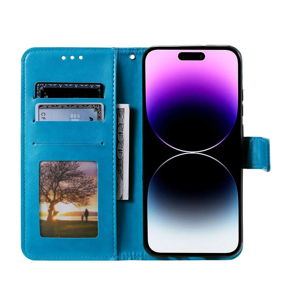 For iPhone 16 Plus Wallet Case Imprinted Totem PU Leather Stand Phone Cover - Blue - 3