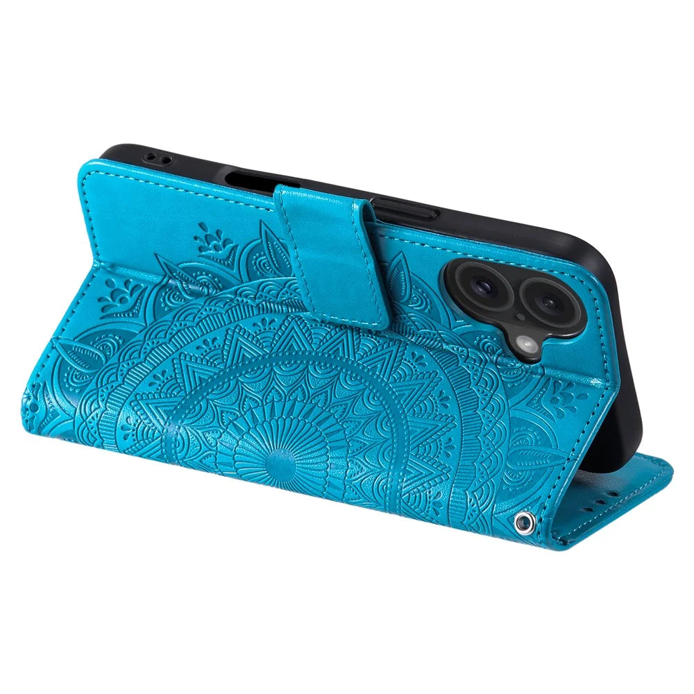 For iPhone 16 Plus Wallet Case Imprinted Totem PU Leather Stand Phone Cover - Blue - 4