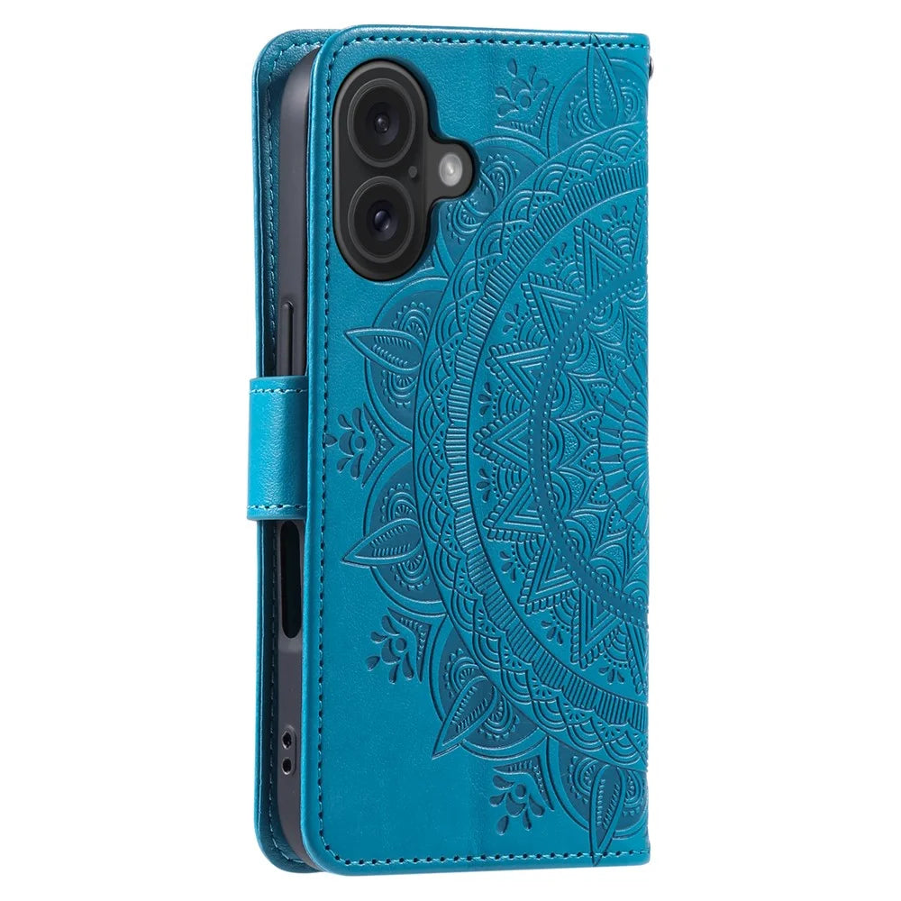 For iPhone 16 Plus Wallet Case Imprinted Totem PU Leather Stand Phone Cover - Blue - 6