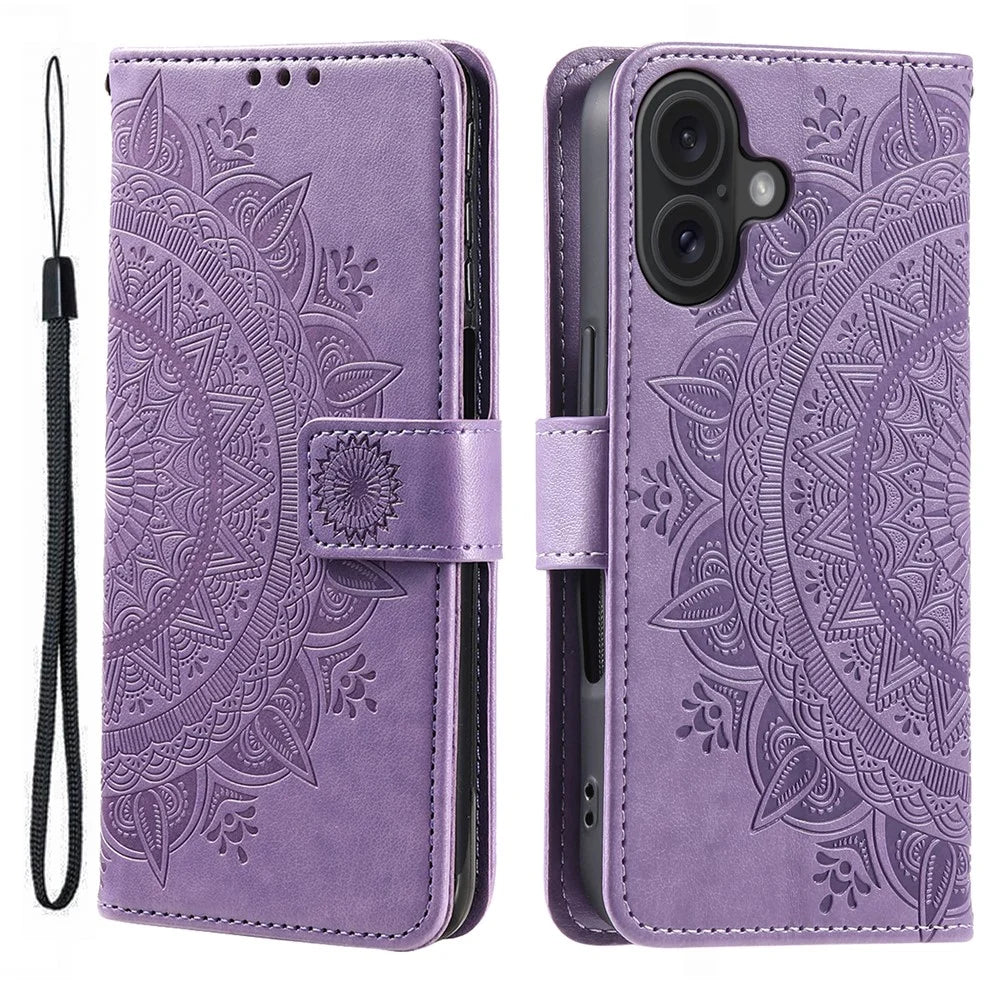 For iPhone 16 Stand Case PU Leather Wallet Phone Cover Totem Imprinted - Purple - 1