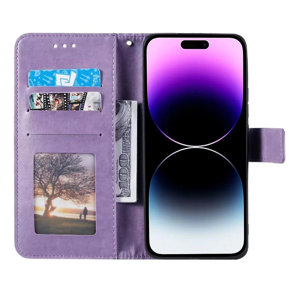 For iPhone 16 Stand Case PU Leather Wallet Phone Cover Totem Imprinted - Purple - 2