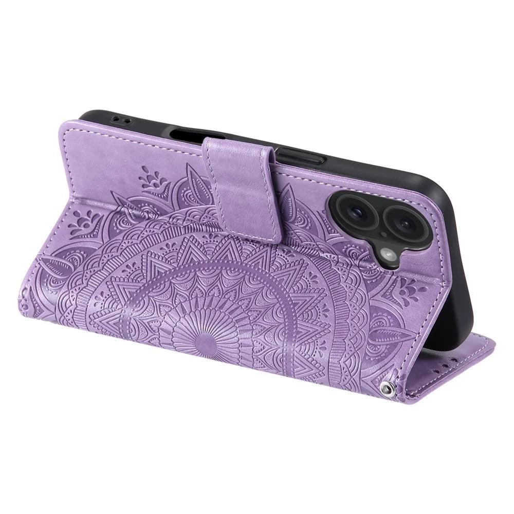 For iPhone 16 Stand Case PU Leather Wallet Phone Cover Totem Imprinted - Purple - 4