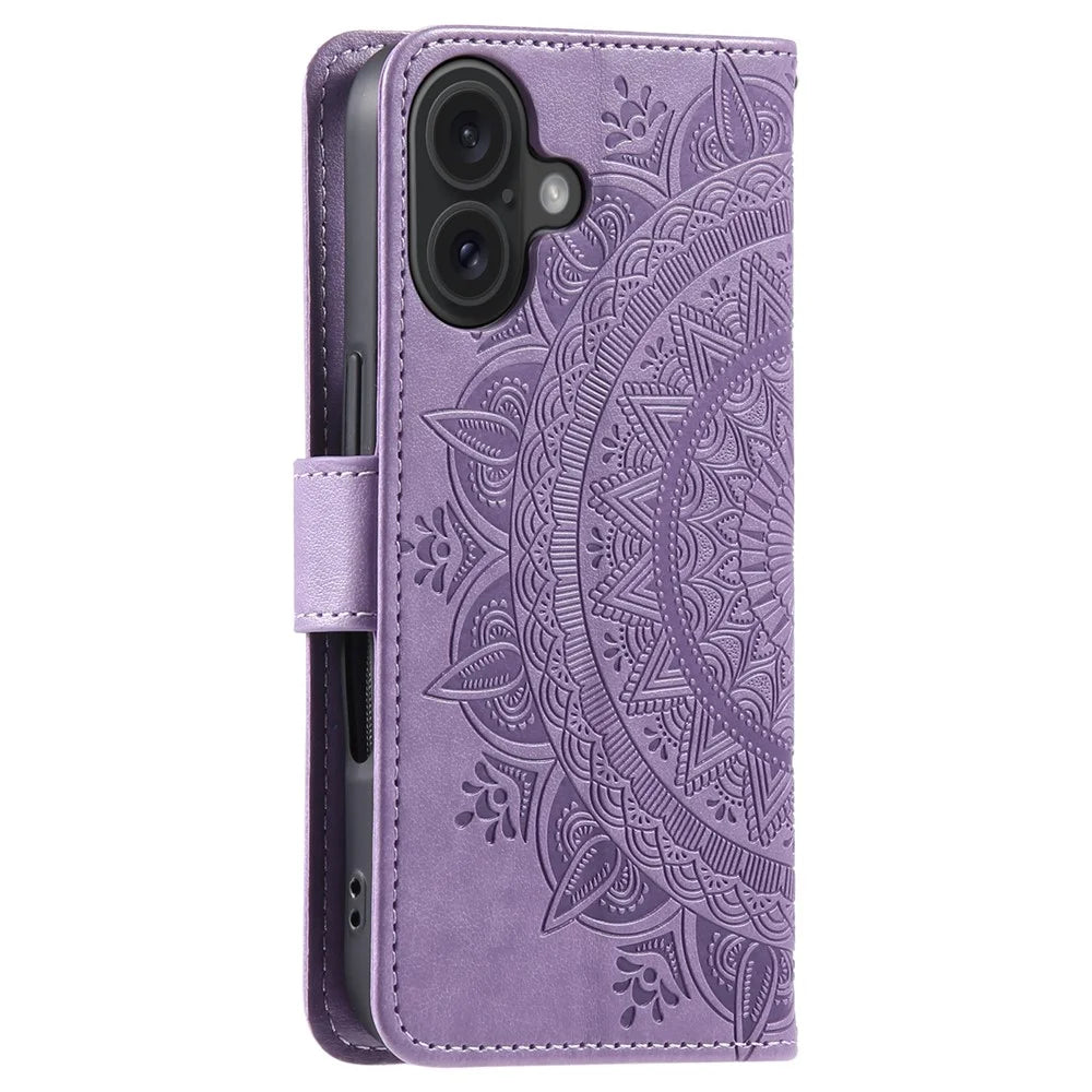 For iPhone 16 Stand Case PU Leather Wallet Phone Cover Totem Imprinted - Purple - 6