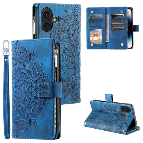Style 006 For iPhone 16 Plus Case Mandala Flower Pattern PU Leather Zipper Wallet Phone Cover - Blue - 1
