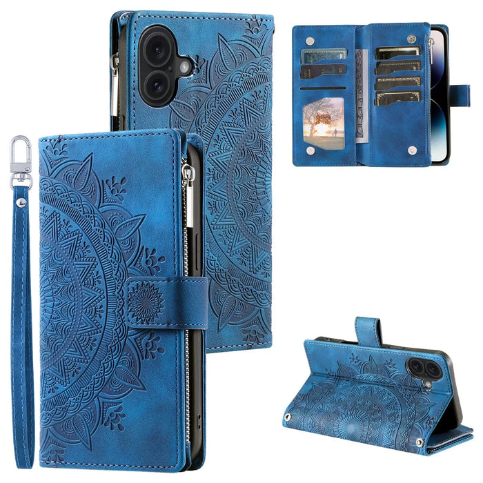 Style 006 For iPhone 16 Plus Case Mandala Flower Pattern PU Leather Zipper Wallet Phone Cover - Blue - 1