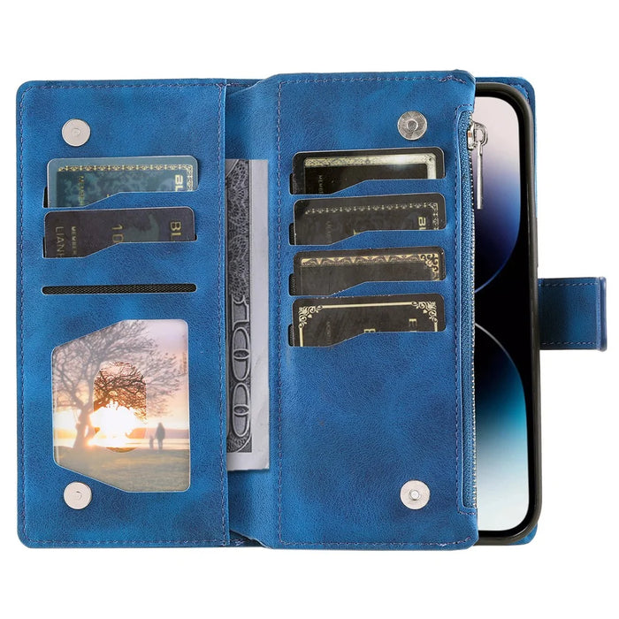 Style 006 For iPhone 16 Plus Case Mandala Flower Pattern PU Leather Zipper Wallet Phone Cover - Blue - 3